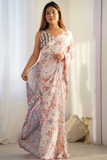Blush Pink Floral Print Heavy Chinnon Saree with Mirror Lace Border