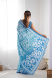 Sky Blue Floral Heavy Chinnon Saree with Mirror Lace Border