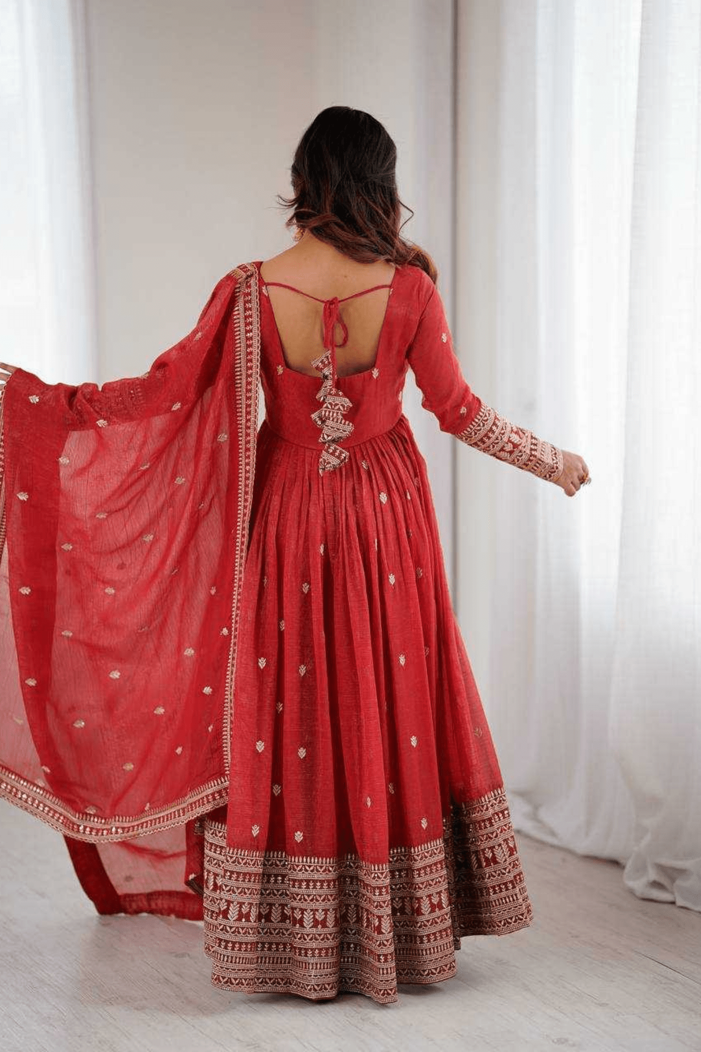 Crimson Heritage Crunchy Silk Anarkali Gown Set with Dupatta - kavyo.in