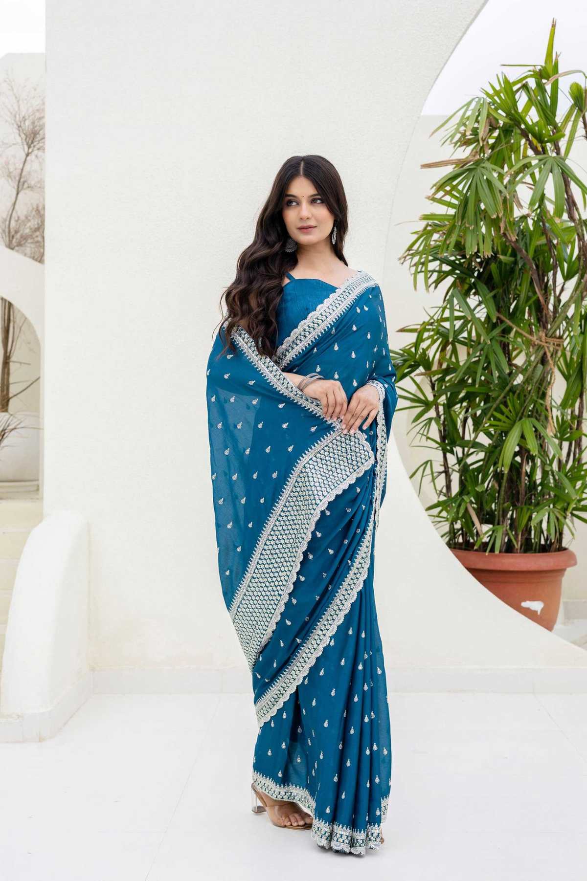 Teal Blue Chinon Saree with Zari, Dori & Sequins Embroidery