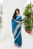 Teal Blue Chinon Saree with Zari, Dori & Sequins Embroidery