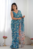 Teal Blue Printed Heavy Chinnon Saree with Mirror Lace Border