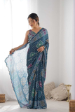 Royal Blue Kutchi Print Heavy Chinnon Saree with Mirror Lace Border