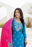 Teal Blue Chinon Silk Kurti Set with Pink Dupatta