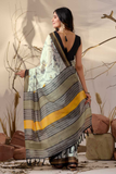 Soft Georgette Cream Saree with Bird Motifs and Mustard-Black Striped Pallu