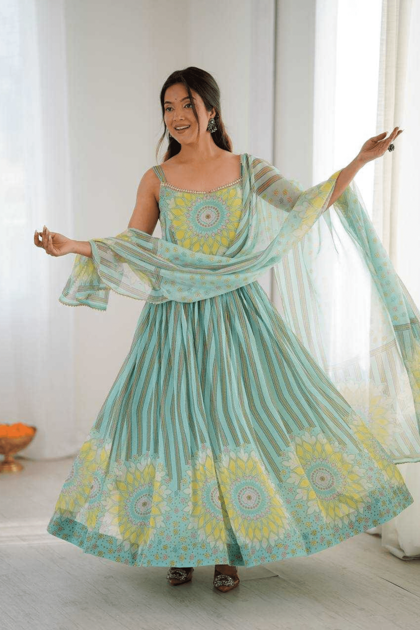 Aqua Blue Sunflower Lehriya Printed Fox Georgette Anarkali Suit Set - kavyo.in
