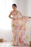 Elegant Floral Heavy Chinnon Saree with Mirror Lace Border