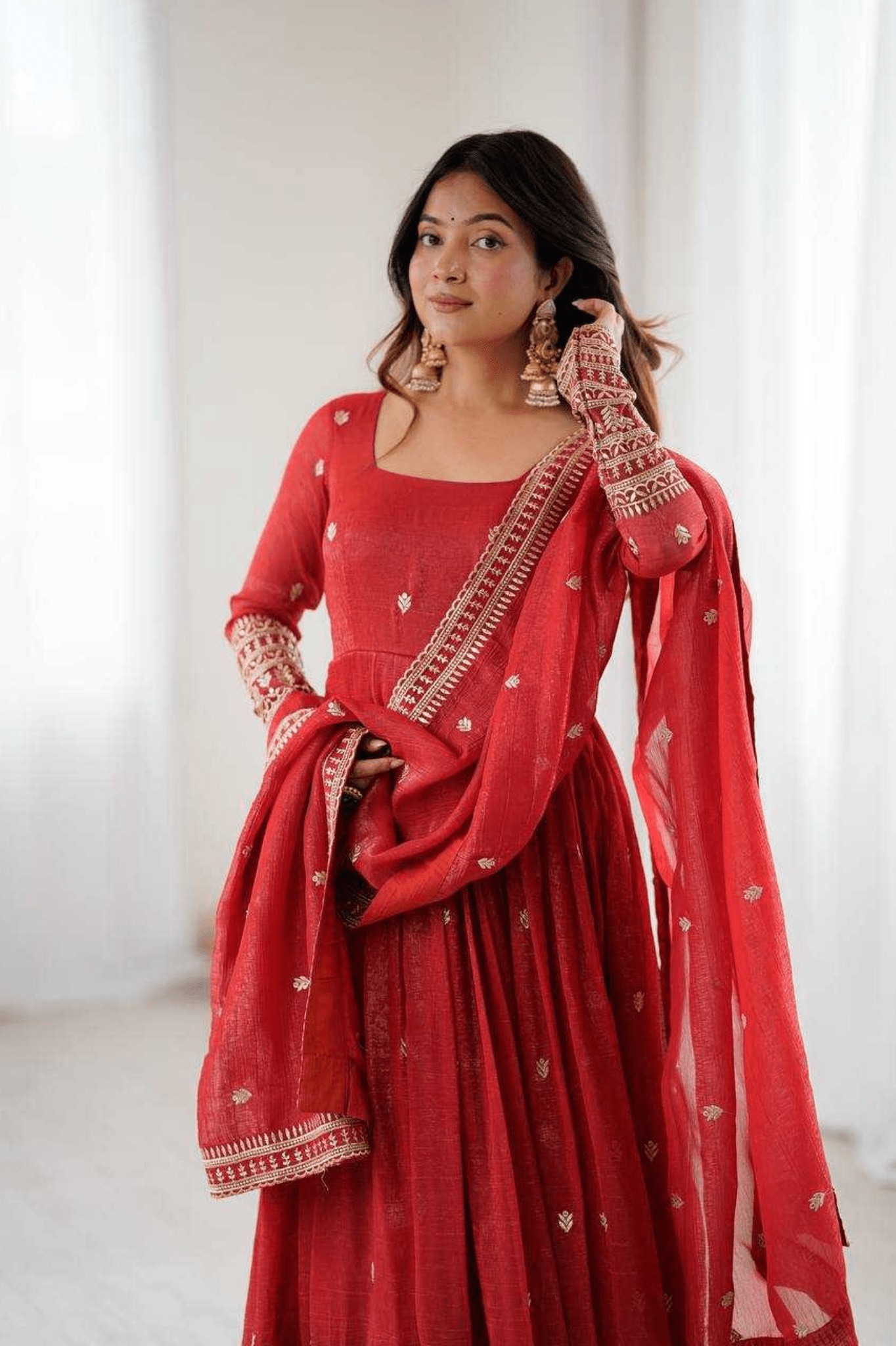 Crimson Heritage Crunchy Silk Anarkali Gown Set with Dupatta - kavyo.in