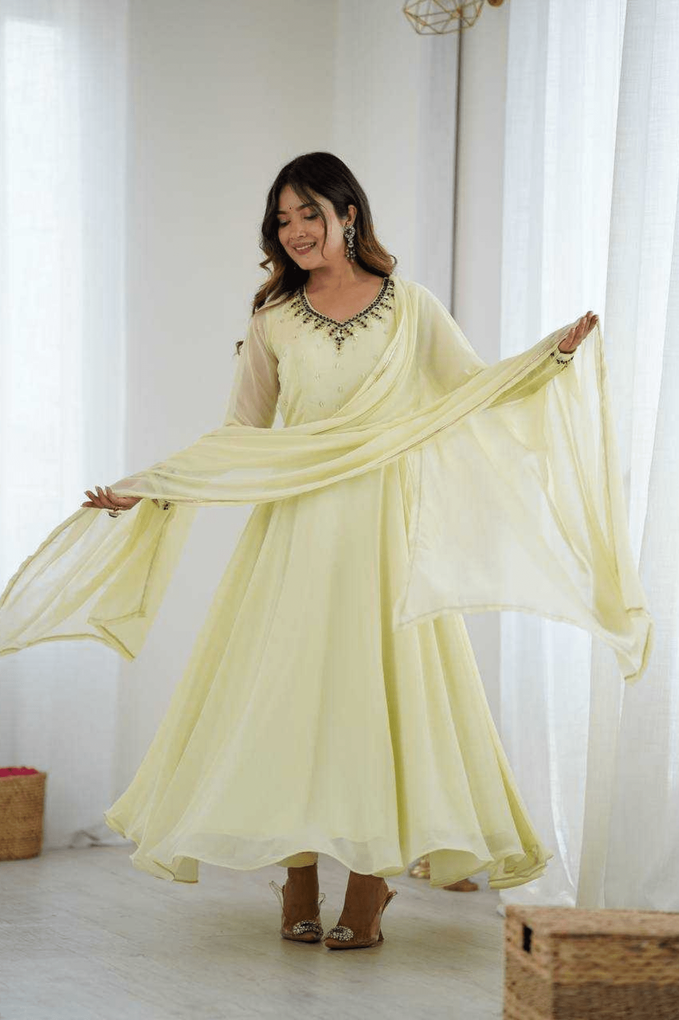 Elegant Lemon Yellow Fox Georgette Handwork Anarkali Suit Set - kavyo.in