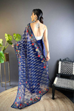 Dark Blue Heavy Butterfly Net Saree with Multicolor Embroidery & Foil Thread Work