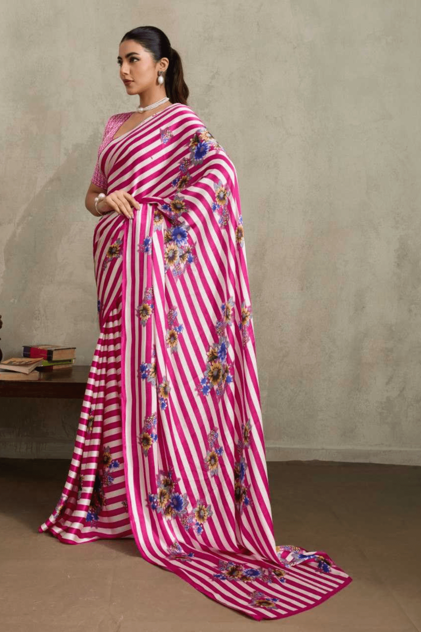 Modern Monochrome Ajrakh Modal Satin Saree - kavyo.in