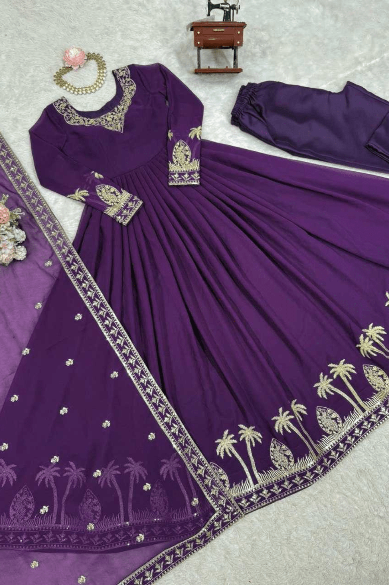 Royal Amethyst Faux Georgette Anarkali Gown Set with Dupatta - kavyo.in