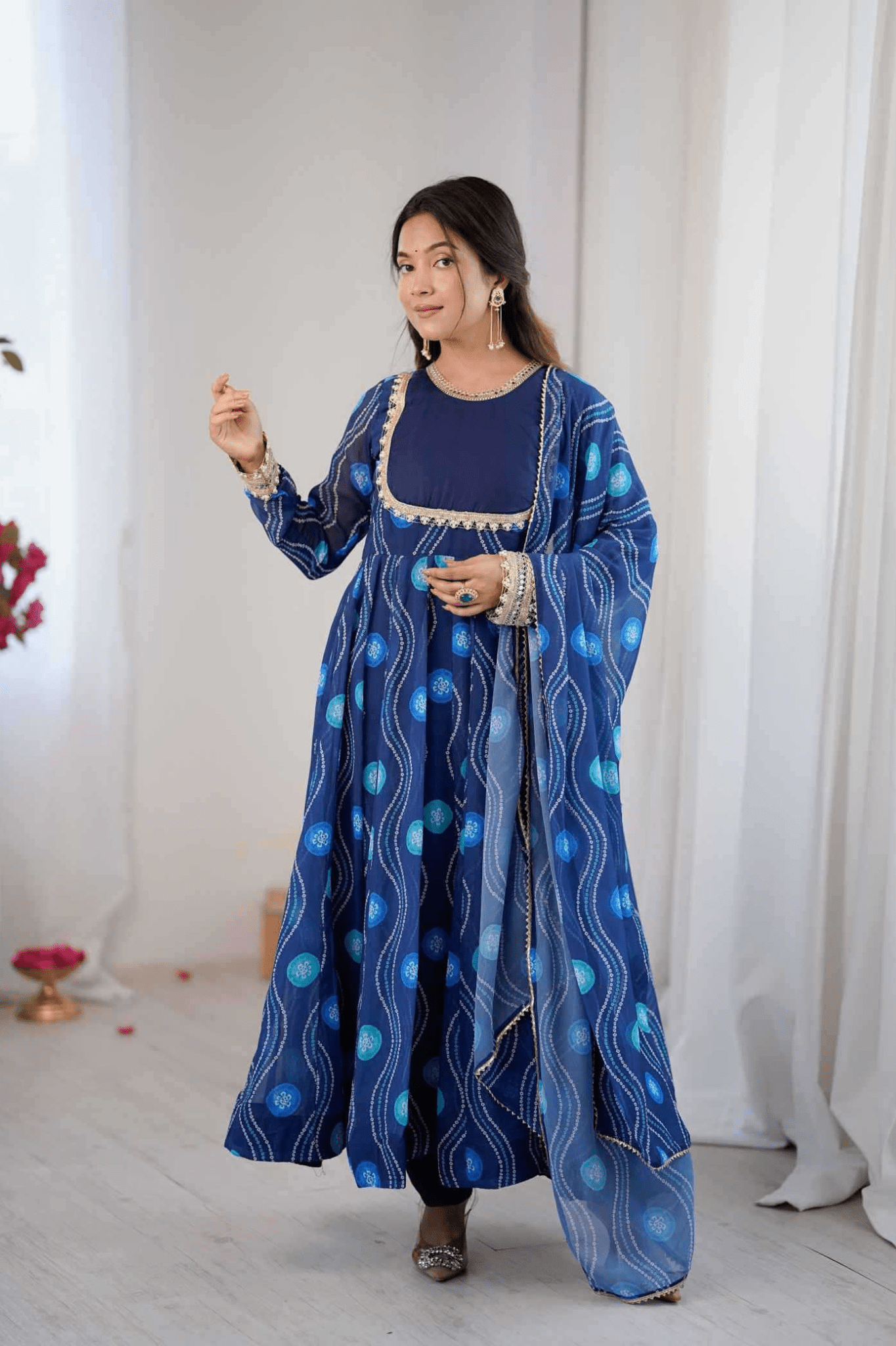 Royal Blue Bandhani Print Fox Georgette Anarkali Gown Set with Dupatta & Pant - kavyo.in