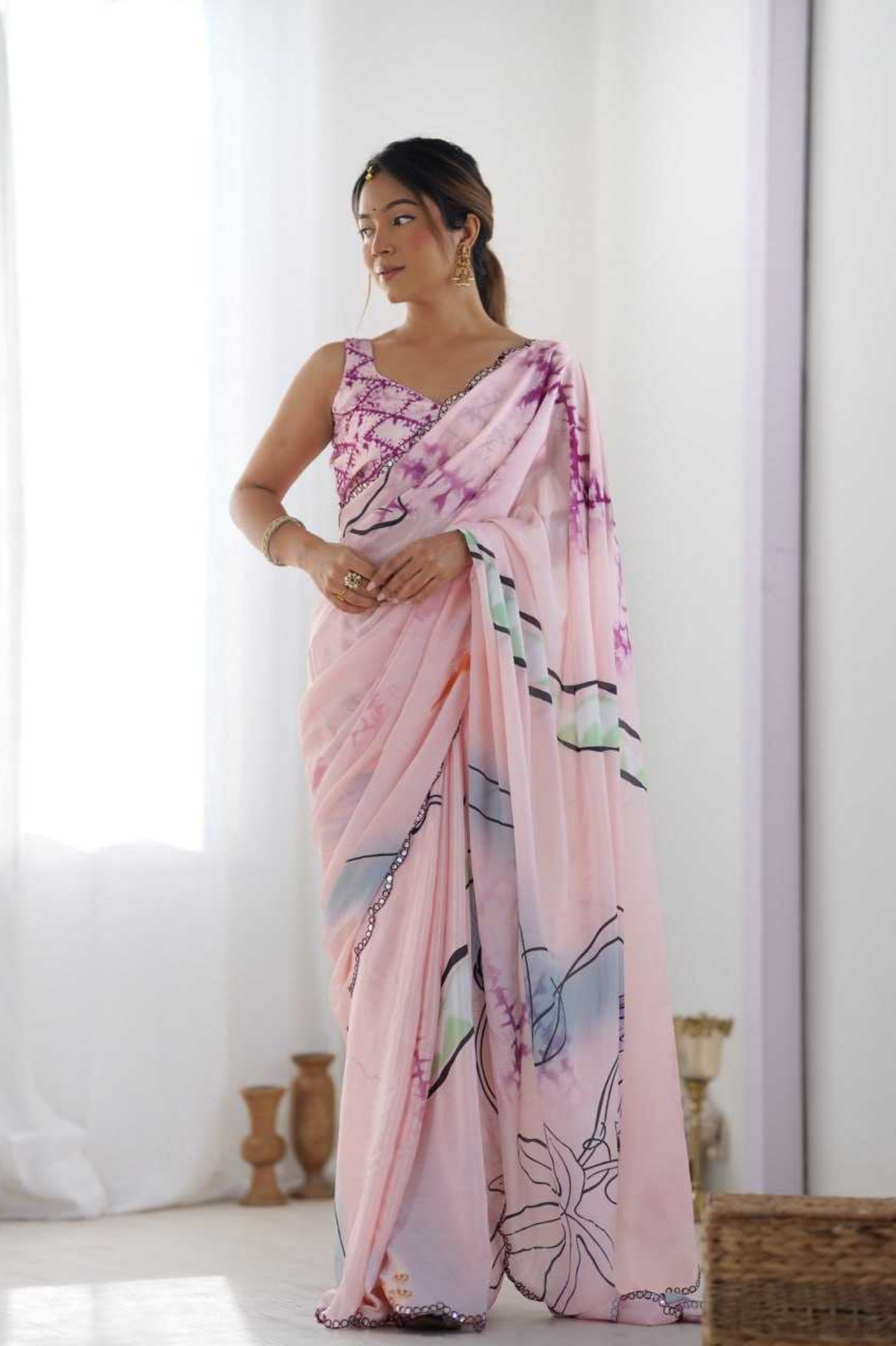 Pastel Pink Heavy Chinnon Saree with Mirror Lace Border