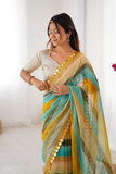 Yellow Heavy Smooth Marble Chiffon Leriya Print Saree with Zari Work & Mirror Border