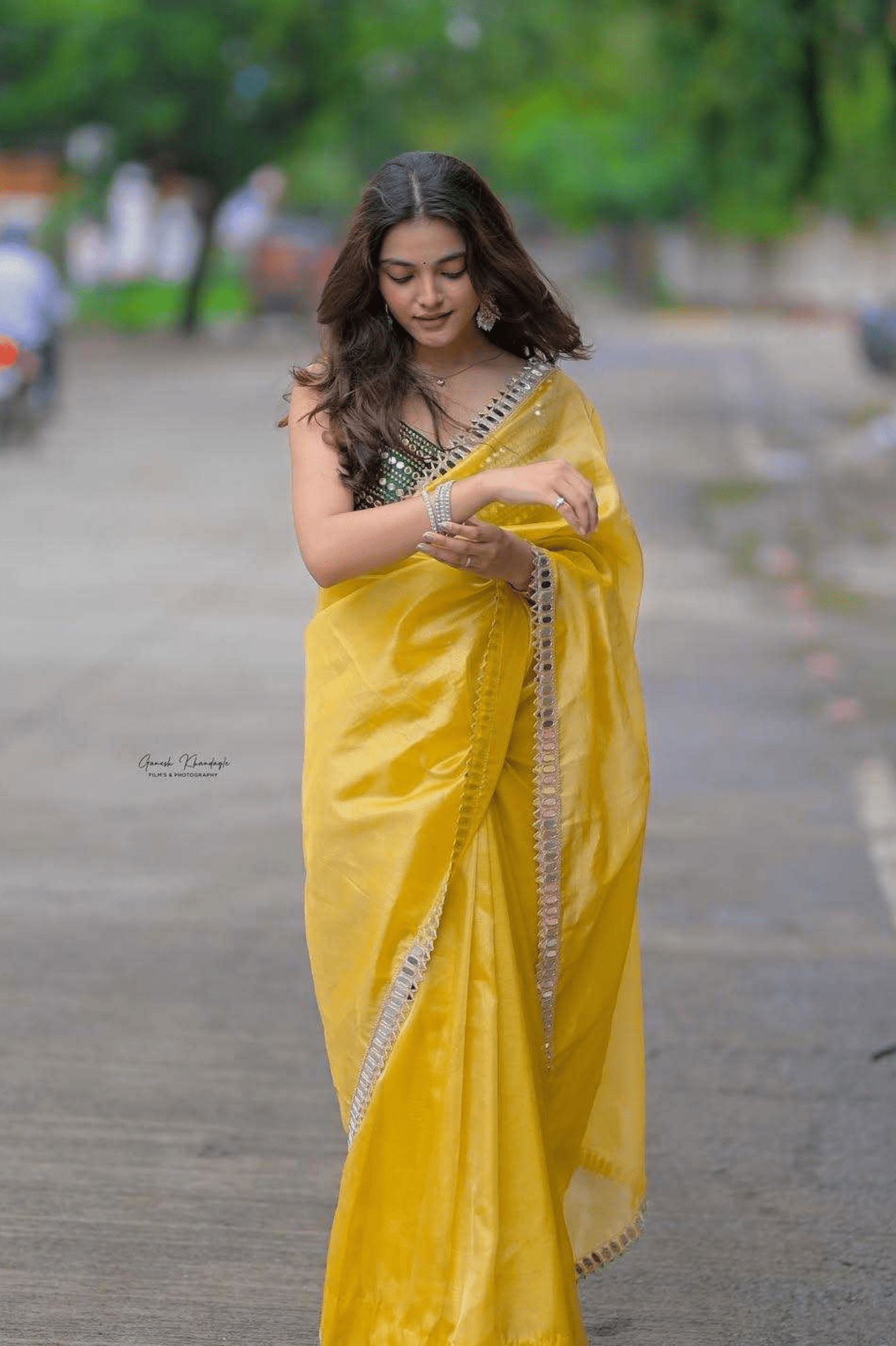 Pure Fandi Satin Silk Saree with Real Mirror Work & Embroidered Blouse - kavyo.in