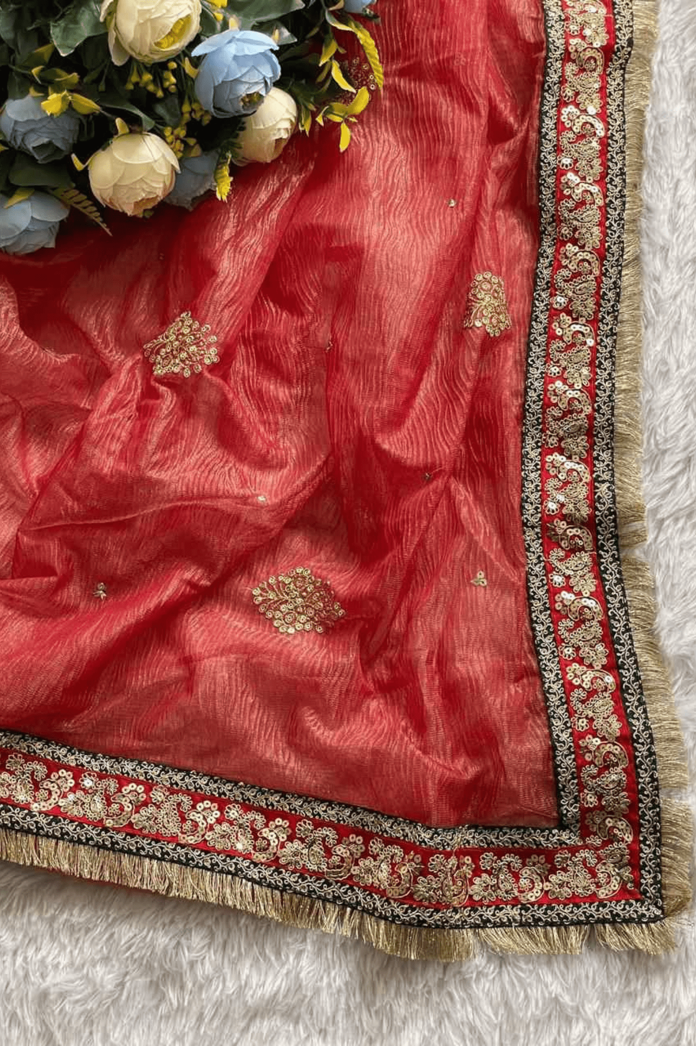 Rani Ember Heavy Banarasi Crush Silk Saree with Embroidered Sequin Blouse - kavyo.in