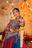 Royal Blue & Red Muslin Cotton Digital Print Lehenga with Mirror & Lace Work