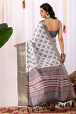 Soft Lichi Silk Saree with Ethnic Motif Print, Golden Zari Border & Rich Maroon Pallu
