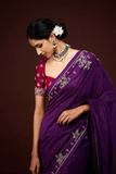 Purple Viscose Chinnon Saree with Heavy Embroidery & Contrast Blouse
