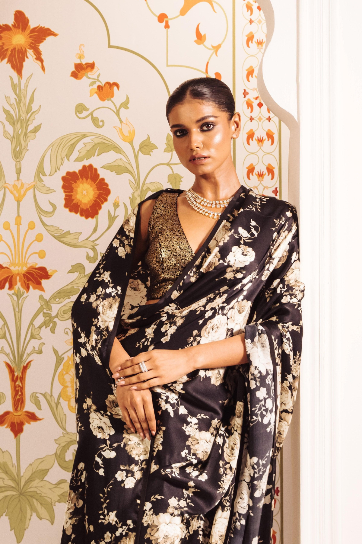Elegant Floral Digital Print Japan Satin Saree with Matching Blouse
