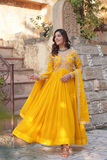 Yellow Faux Blooming Embroidered Zari Sequins Gown with Dupatta