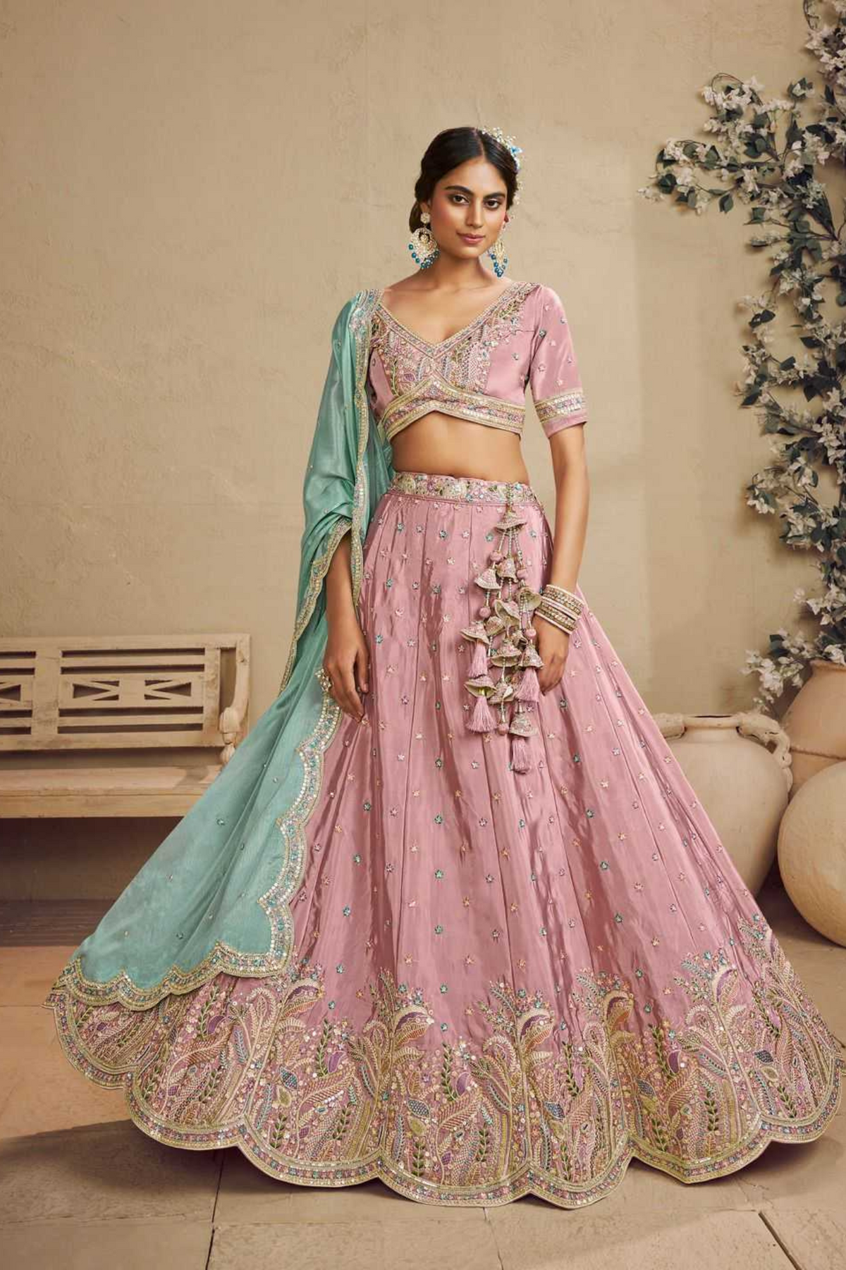 Blush Pink Satin Silk Embroidered Lehenga Set
