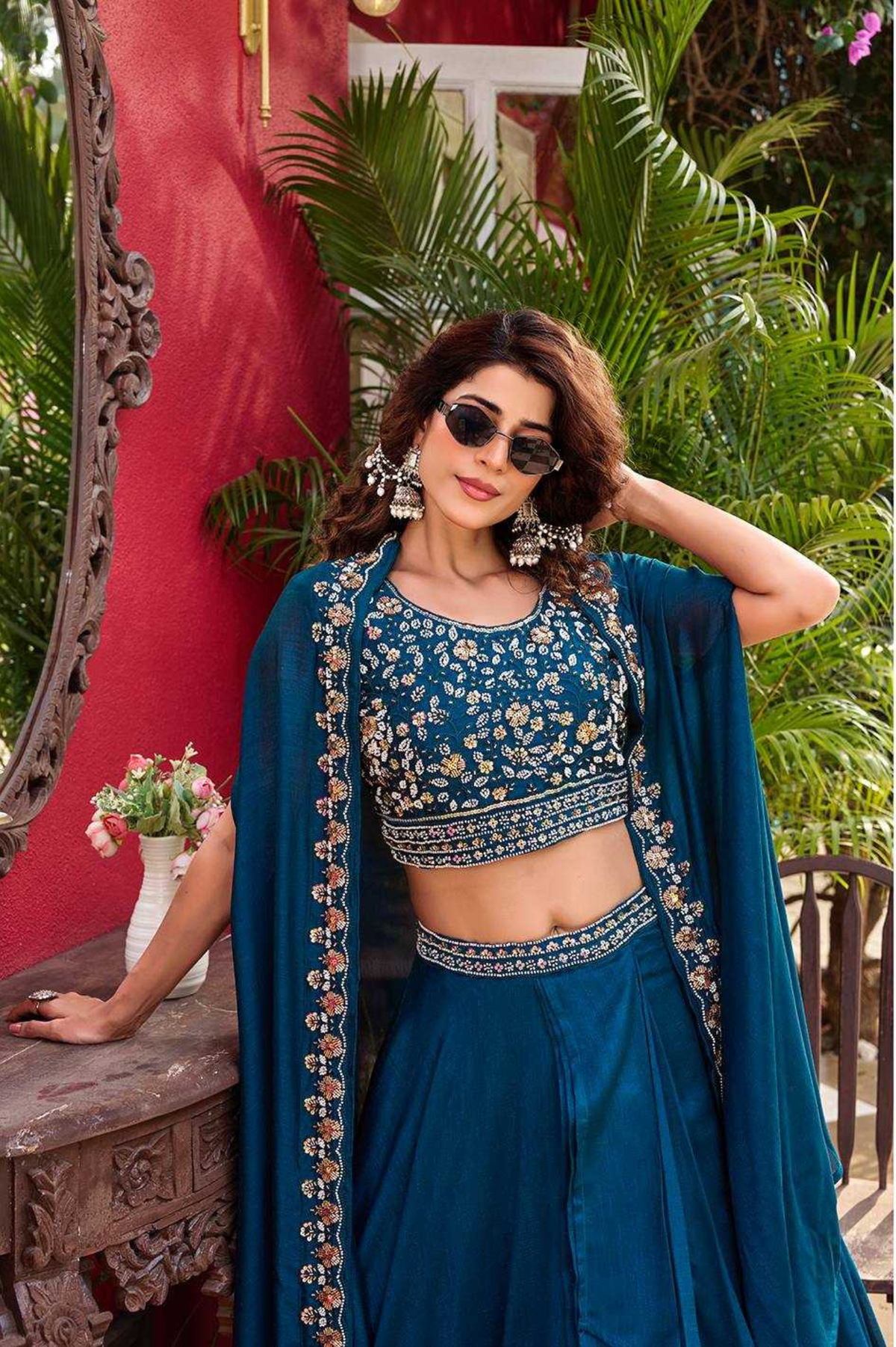 Floral Embroidered Vichitra Silk Lehenga Choli Set with Shrug-Style Dupatta