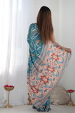 Teal Blue Printed Heavy Chinnon Saree with Mirror Lace Border