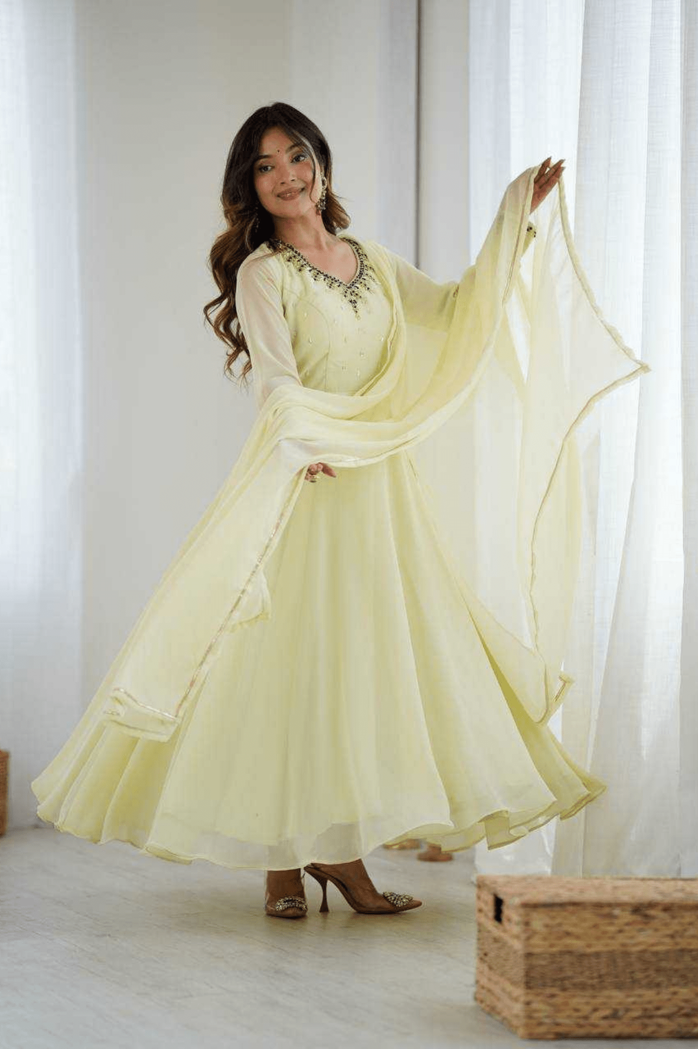 Elegant Lemon Yellow Fox Georgette Handwork Anarkali Suit Set - kavyo.in