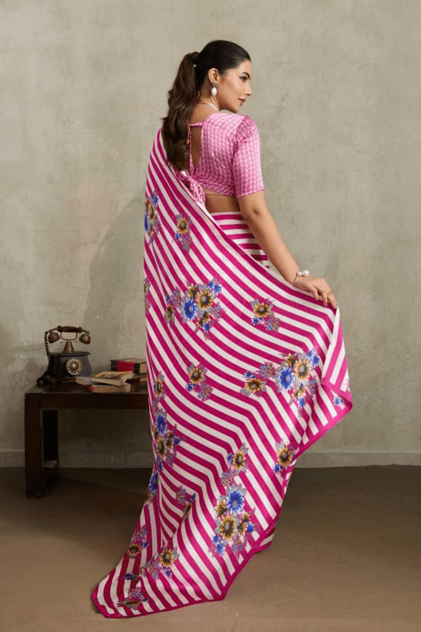 Modern Monochrome Ajrakh Modal Satin Saree - kavyo.in