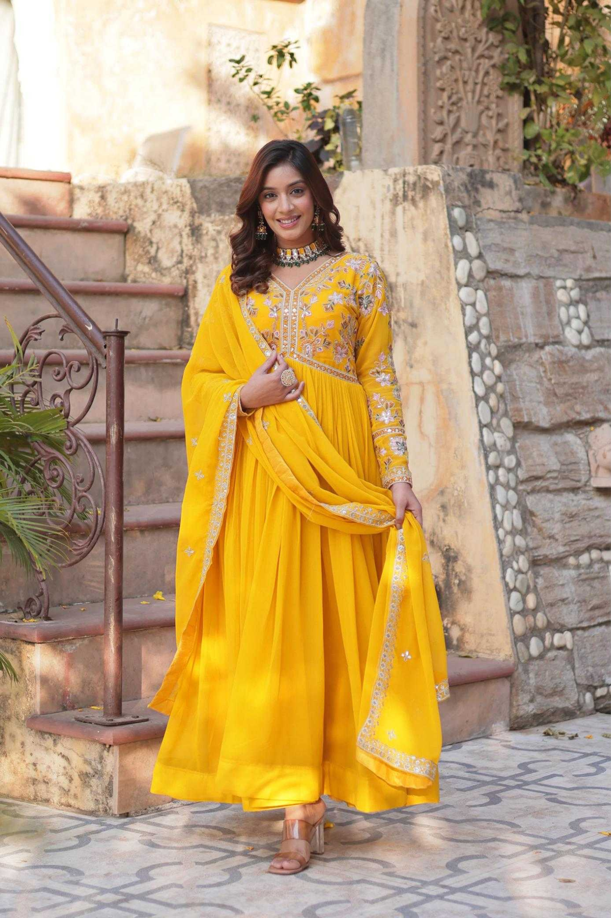 Yellow Faux Blooming Embroidered Zari Sequins Gown with Dupatta