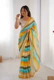 Yellow Heavy Smooth Marble Chiffon Leriya Print Saree with Zari Work & Mirror Border