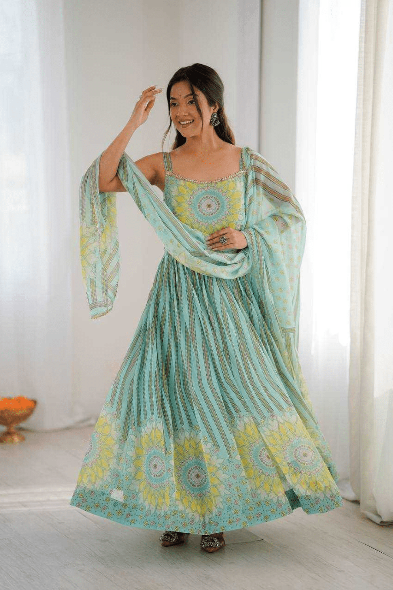 Aqua Blue Sunflower Lehriya Printed Fox Georgette Anarkali Suit Set - kavyo.in