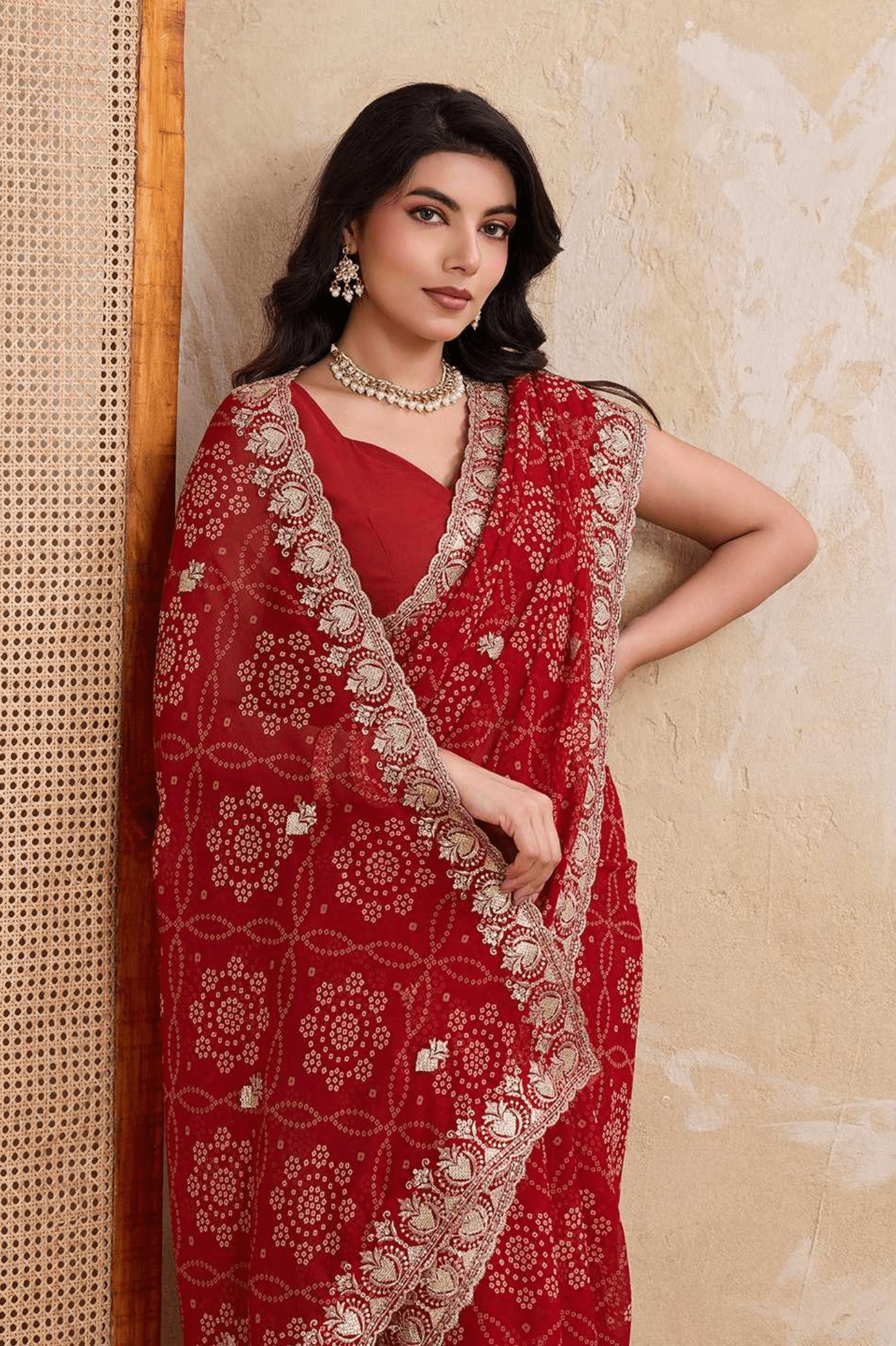 Royal Bandhej Soft Georgette Wedding Saree with Heavy Cutwork Border - kavyo.in