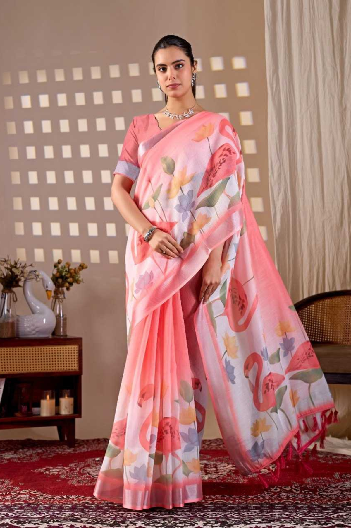 Soft Linen Cotton Saree with Flamingo Floral Digital Print & Contrast Border