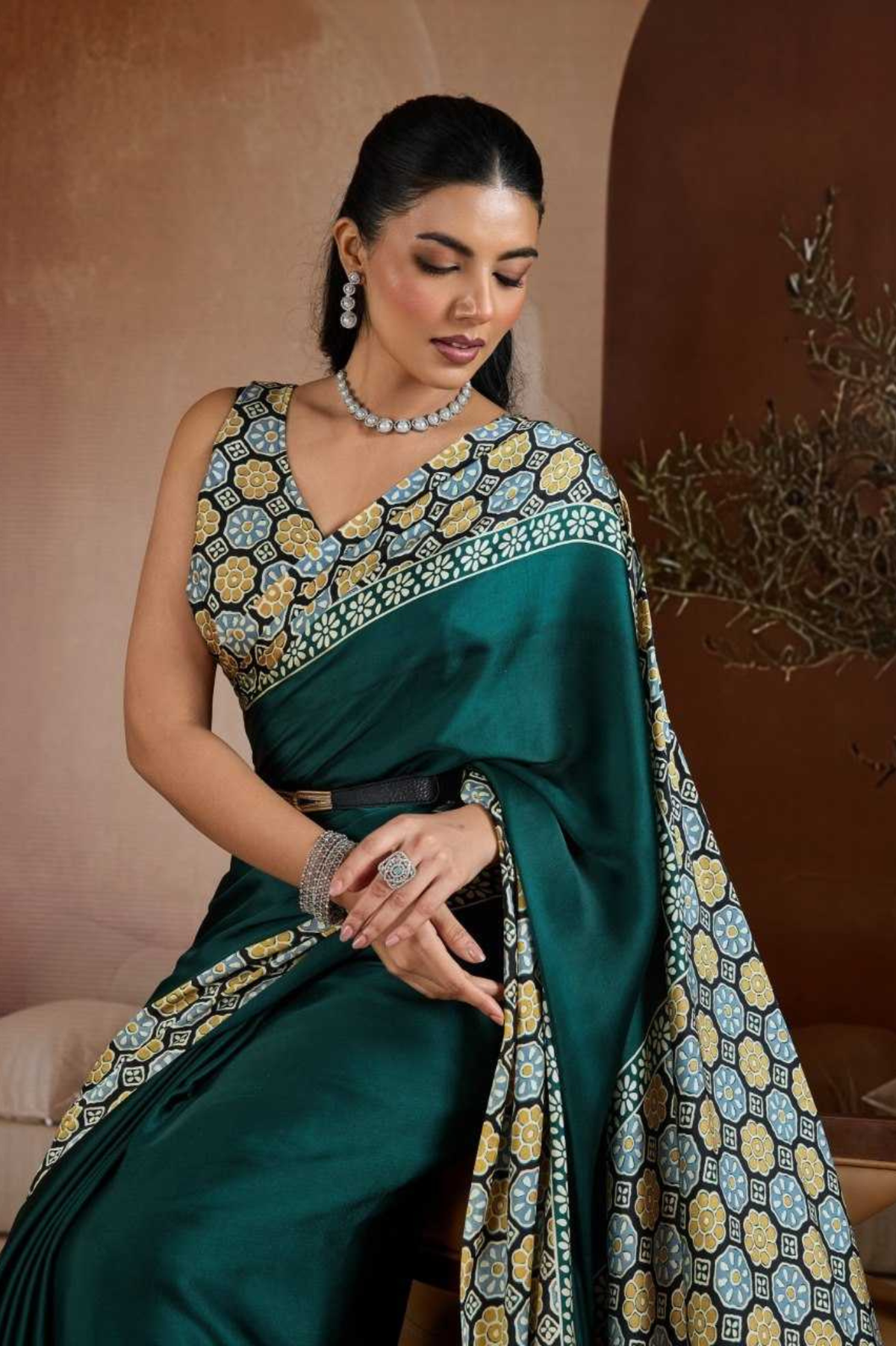 Emerald Ajrakh Pure Modal Satin Printed Saree