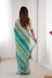 Sky Blue Heavy Smooth Marble Chiffon Leriya Print Saree with Zari Work & Mirror Border
