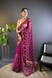 Wine Heavy Butterfly Net Saree with Multicolor Embroidery & Foil Thread Work