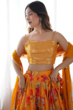 Yellow Digital Print Faux Georgette Lehenga with Sequins Work, Koti & Dupatta Set