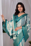 Soft Lichi Silk Printed Saree with Geometric Elephant Design & Zari Woven Border