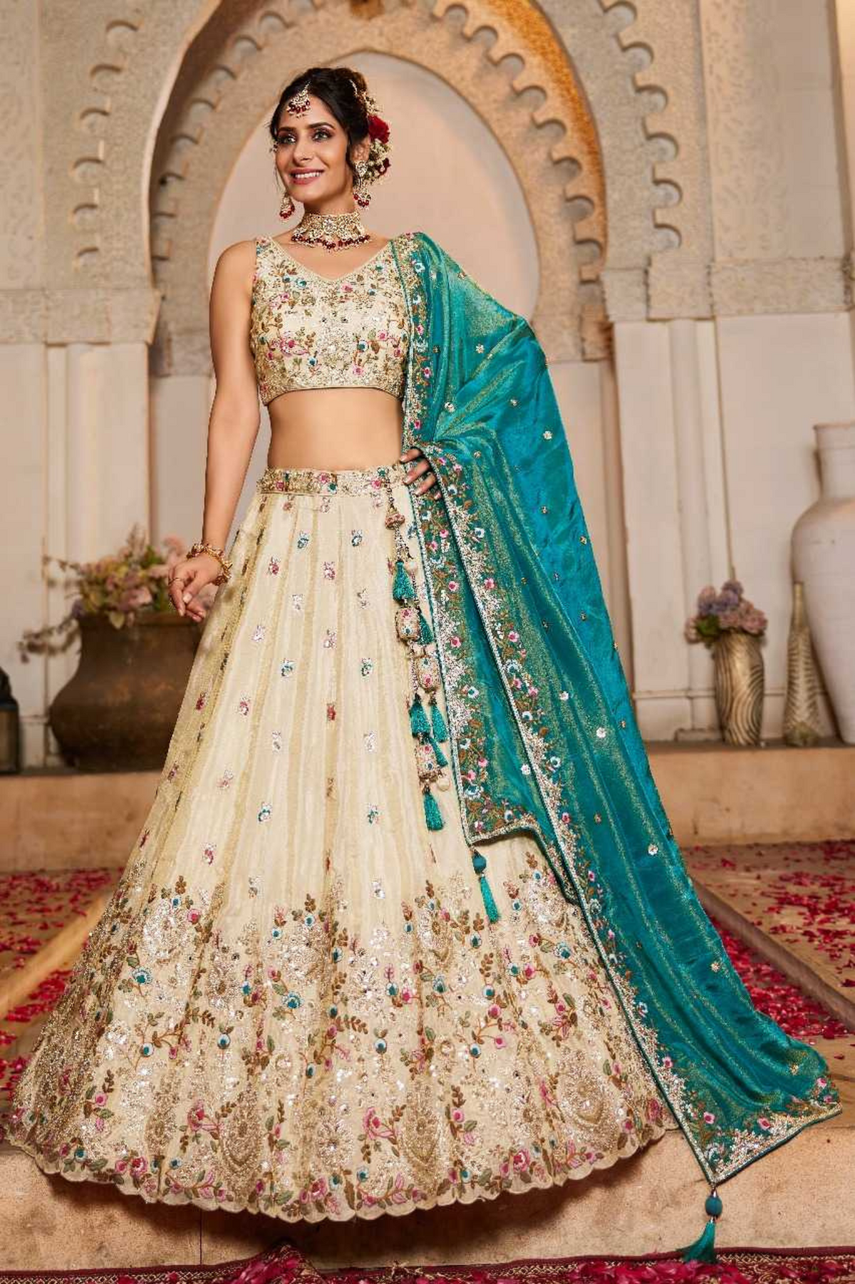 Designer Tissue Embroidered Lehenga Choli with Matching Dupatta – Cream & Teal