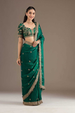 Bottle Green Fandy Chiffon Saree with Heavy Embroidery and Sequin Work