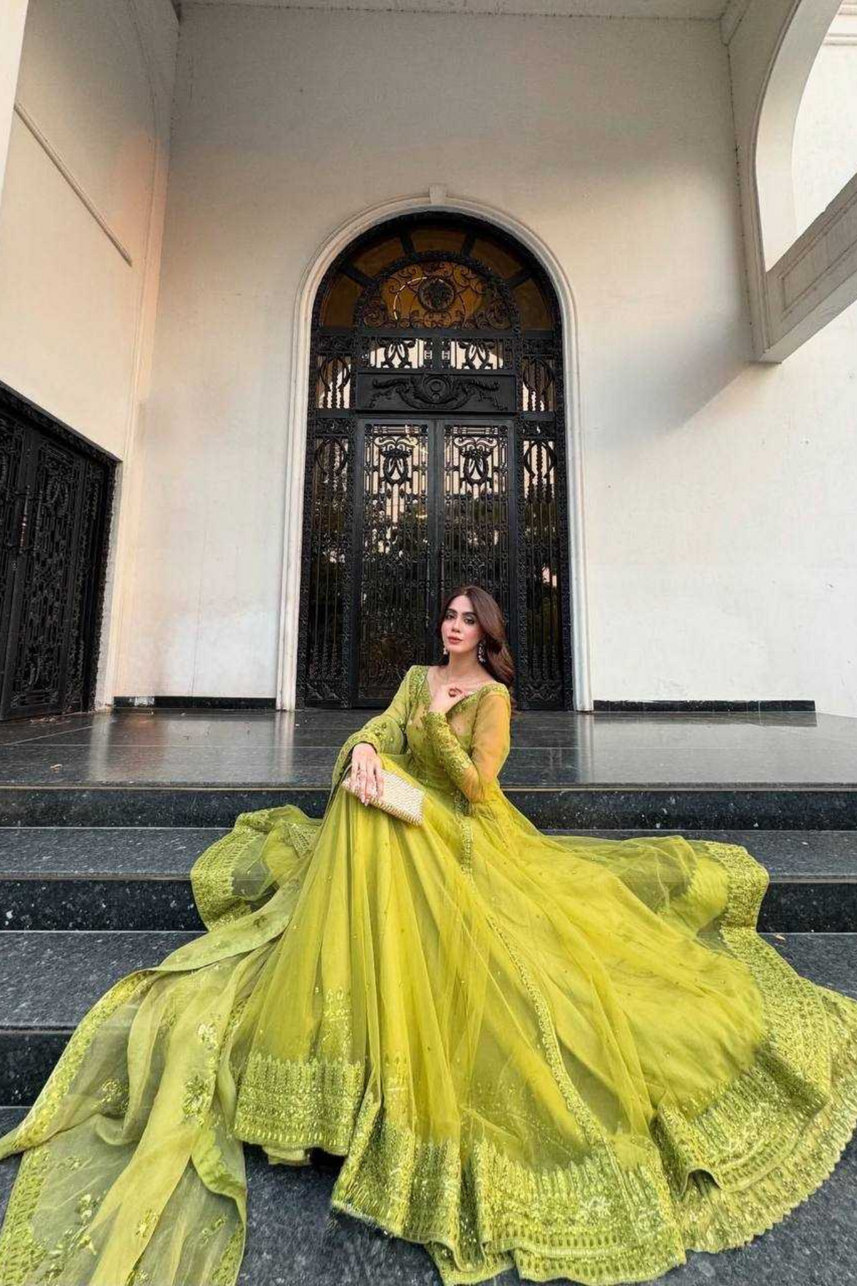 Designer Olive Green Butterfly Net Lehenga with Kediya Style Shrug