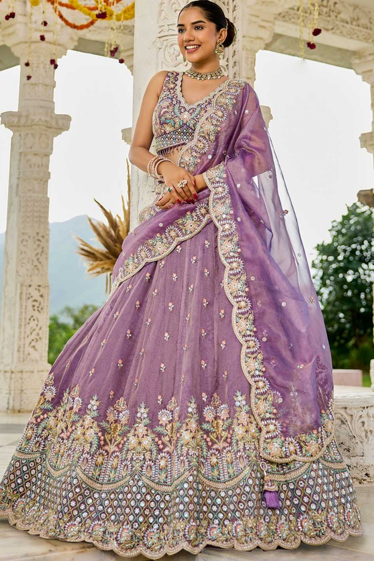 Purple Sky Bloom Satin Silk Lehenga Choli Set