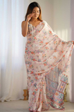 Blush Pink Floral Print Heavy Chinnon Saree with Mirror Lace Border