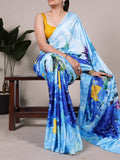 Sky Blue Satin Glow Printed Silk Saree