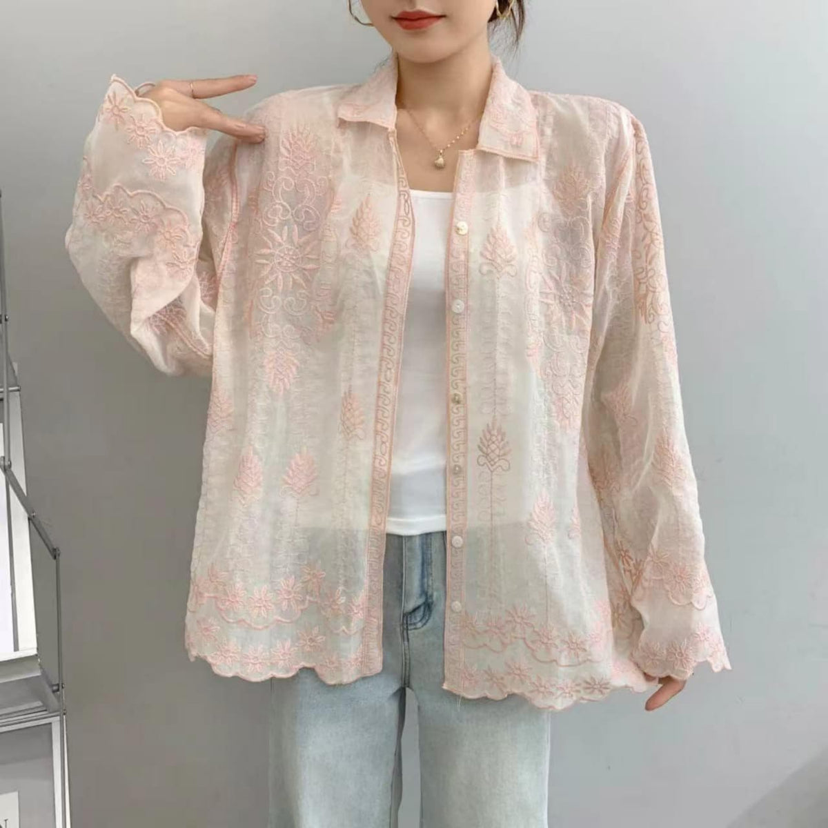 Heritage Bloom Embroidered Cotton Top- Pastel Pink