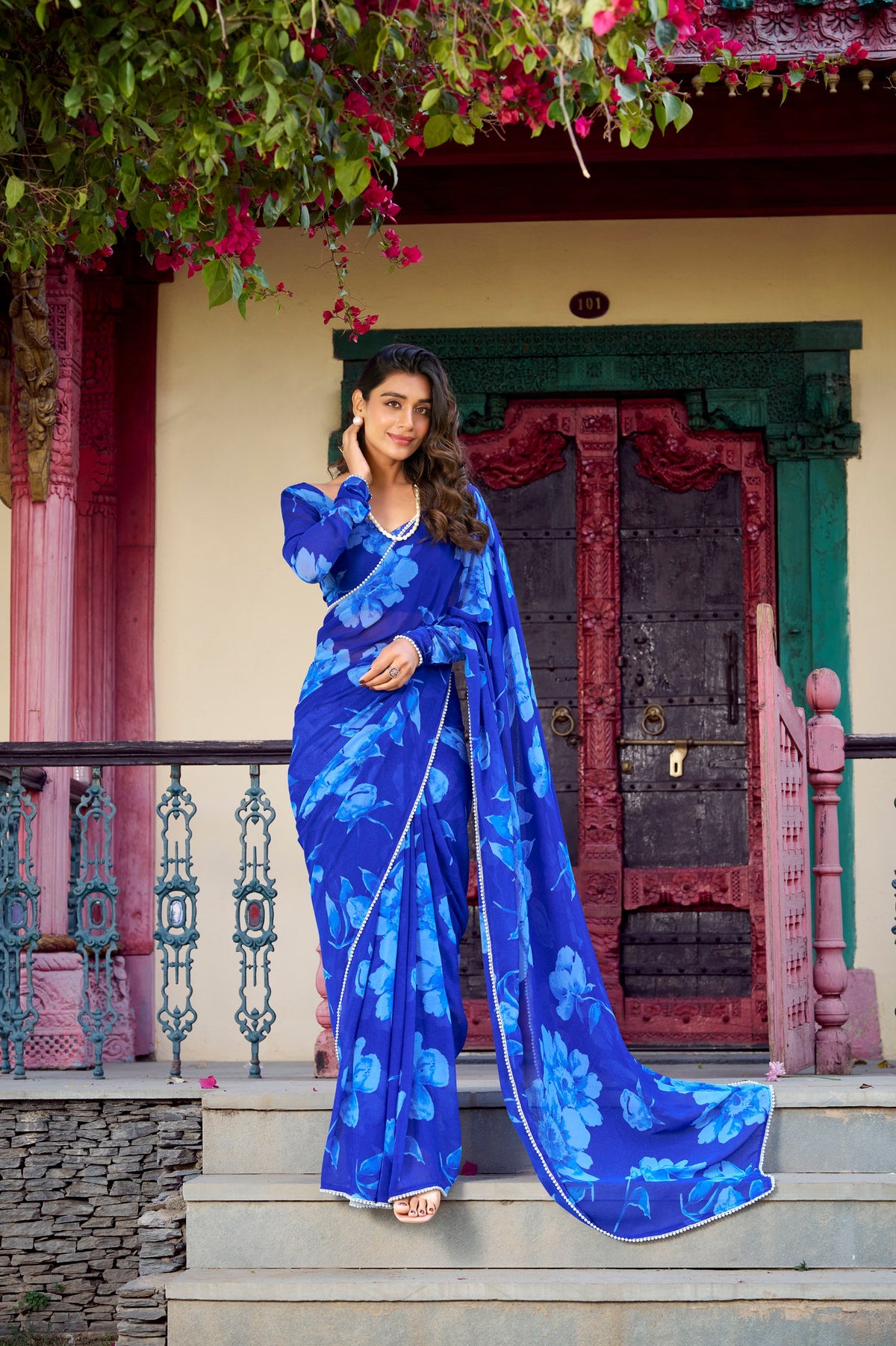 Blue Chiffon Floral Printed Saree with Pearl Lace Border