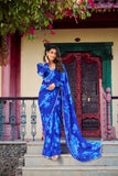 Blue Chiffon Floral Printed Saree with Pearl Lace Border
